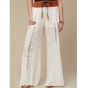 Altar'd State White Crochet Wide Leg Pants with Tan Lace-Up Waist Size M